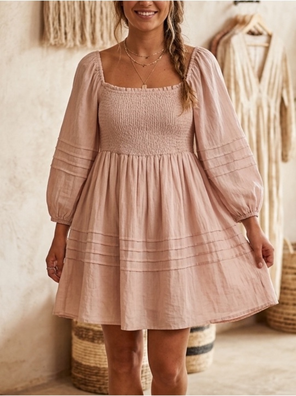 Mustard Seed Blush Pink Smocked Square-Neck Mini Dress Milkmaid Cottagecore Med